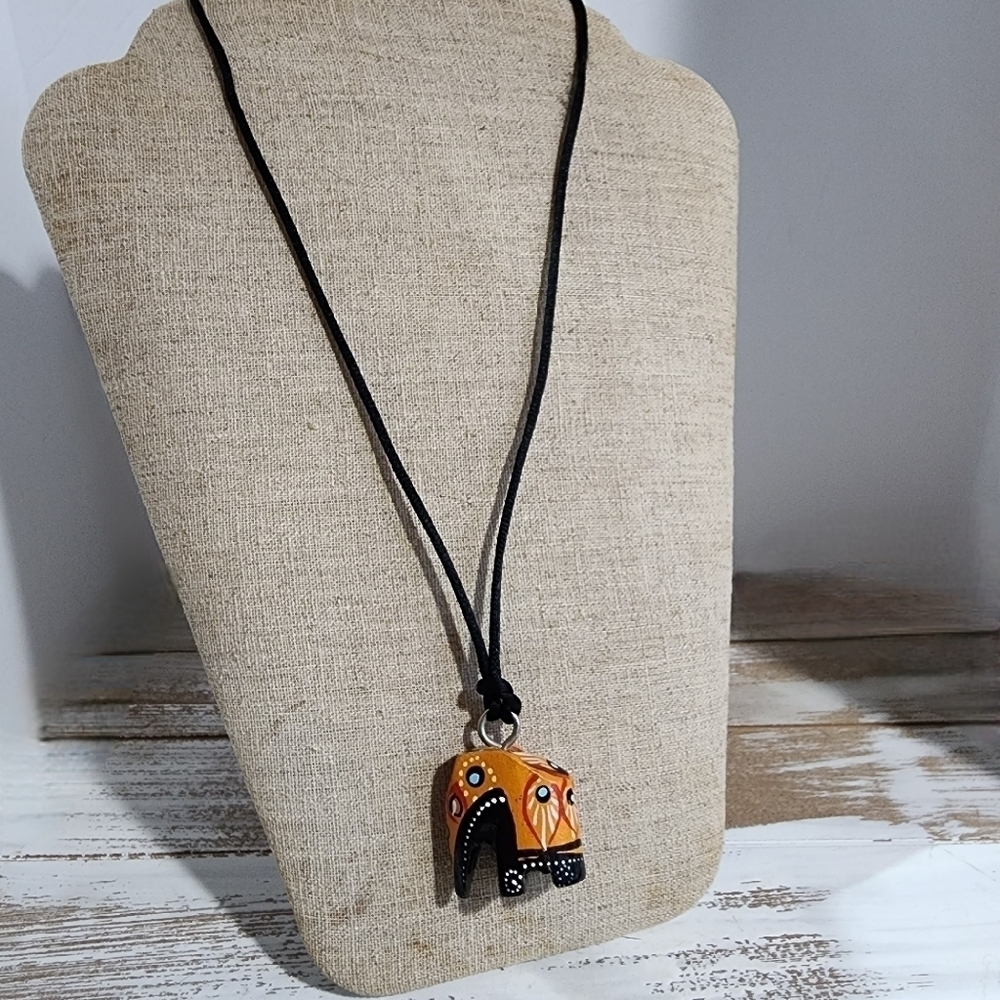 Hand painted wood carved Elephant pendant cord necklace